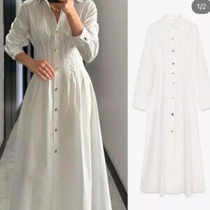 NWT Zara Fitted Waist Cotton Poplin Midi Dress S White